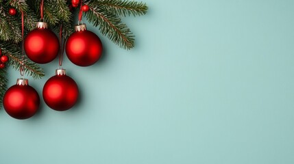 Coral red Christmas ornaments hanging from a soft teal tree on a pale lavender background with space for holiday text unusual festive palette 