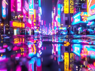 A vibrant cityscape at night, reflecting neon lights on wet pavement.