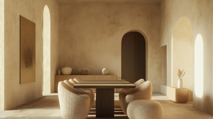 Boucle chairs around a modern dining table in a minimalist living room with warm stucco walls and an arch doorway. Sleek and airy.