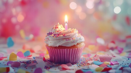 A colorful cupcake with a candle, surrounded by festive confetti.