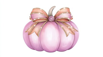 A decorative pink pumpkin adorned with a ribbon and embellishments.