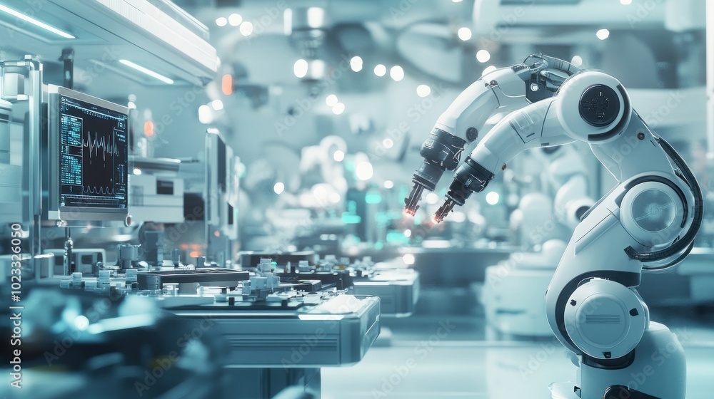 Poster a futuristic lab with robotic arms working on advanced technology and research.