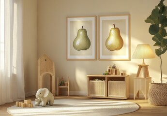 A Playroom Interior with Wooden Toys, Pear Artwork, and Natural Lighting
