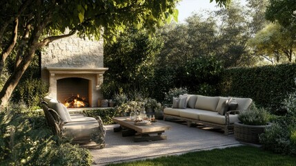 Fototapeta premium Cozy fireplace and luxurious patio furniture set in an elegantly designed backyard, surrounded by lush greenery and sophisticated landscaping.