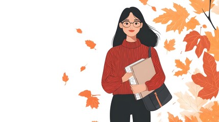 A flat vector illustration of a woman with black hair, wearing glasses and a red sweater, holding books in her hand and carrying a shoulder bag on the other side, surrounded by autumn leaves