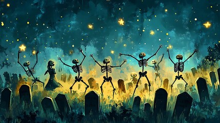 A whimsical cartoon-style illustration of skeletons dancing joyfully in a fog-covered graveyard under a star-filled sky. Tombstones of various shapes are scattered around,