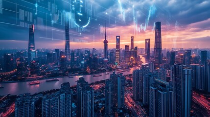 Fototapeta premium Bustling Financial District at Sunset with City Lights