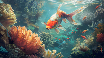 Vibrant Koi fish swimming through a colorful coral reef. Perfect for nature, aquatic, and underwater themes.