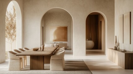 Dining table with boucle chairs in a serene minimalist room, featuring stucco walls and a stylish arched entrance. Warm tones and simple lines.