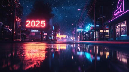 A street scene with 2025 in bright neon, reflecting off the pavement under a starry night sky.