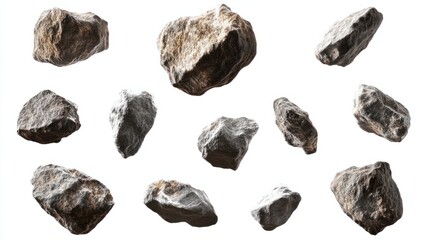 A collection of flying asteroids with rough surfaces isolated on a white background
