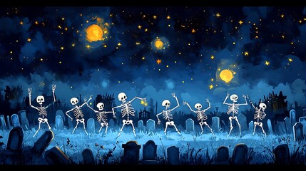 Fototapeta premium A whimsical cartoon-style illustration of skeletons dancing joyfully in a fog-covered graveyard under a star-filled sky. Tombstones of various shapes are scattered around,