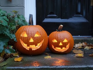 Obraz premium Carved pumpkins on a doorstep