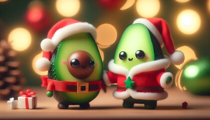Adorable Avocado Couple Dressed as Santa with Festive Christmas Decorations and Warm Bokeh Lights
