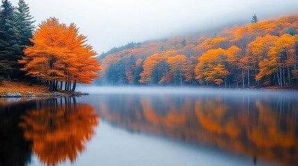 Obraz premium In an enchanting landscape, orange leaves float on calm waters of a serene lake, framed by tall trees as soft light creates a misty ambiance, capturing the essence of autumn