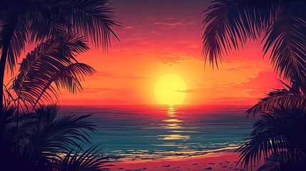 Obraz premium Tropical sunset with vibrant colors over the ocean. Ample space for copy in the clear sky. Summer evening