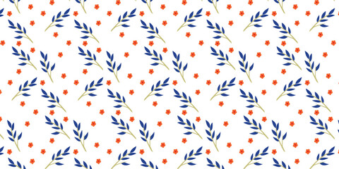 Cute and seamless pattern with blue leaves and small orange flowers on a white background