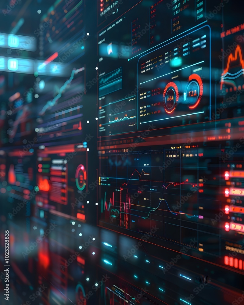 Poster futuristic financial planning dashboard with holographic data visualization and real time analytics