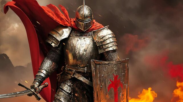 A knight in full armor stands defiantly against a backdrop of fire and smoke, his red cape billowing in the wind