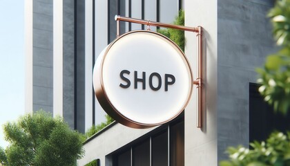  A round shop sign with a copper frame hangs on a building facade, surrounded by greenery..Concept: Shop Signage, Business Identity, Retail Store Branding