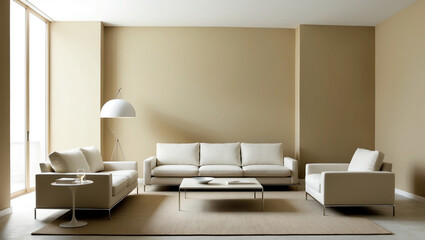 modern minimalist living room with cream colored walls creates a soft and welcoming backdrop