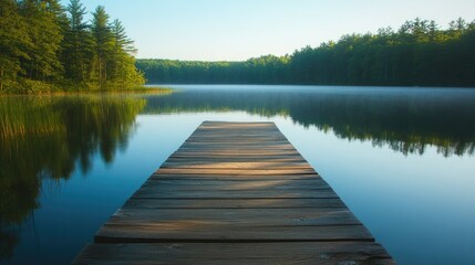 Wooden pier stretching out into a calm summer lake, with ample space for copy in the sky