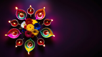 Radiant Diwali Bloom: A Symmetrical Celebration of Light and Color, Diwali decoration, festival of lights, Diya lamps