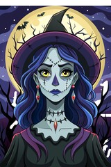 Haunted Witch Portrait Moonlight Bats Spooky Atmosphere Dark Enchantment Eerie Beauty