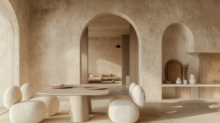 Modern dining setup with boucle chairs and a minimalist table in a room with textured stucco walls and an inviting arch doorway.