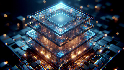 Quantenphotonic Komputer. Ein futuristische  Maschine aus Glas verarbeitet Daten mit Lichtstrahlen- und Geschwindigkeit.