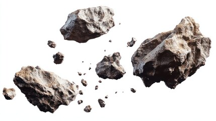 Flying asteroids with rocky surfaces, isolated on a pure white background