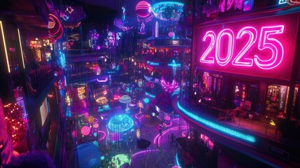 A vibrant neon display of 2025 with swirling lights and colorful decorations creating a joyful setting.