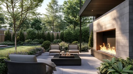 Obraz premium Outdoor living space with a chic fireplace, modern furniture, and manicured plants, offering a luxurious, serene backyard setting.