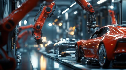 Fototapeta premium Robotic arms assembling cars in a modern automotive factory.