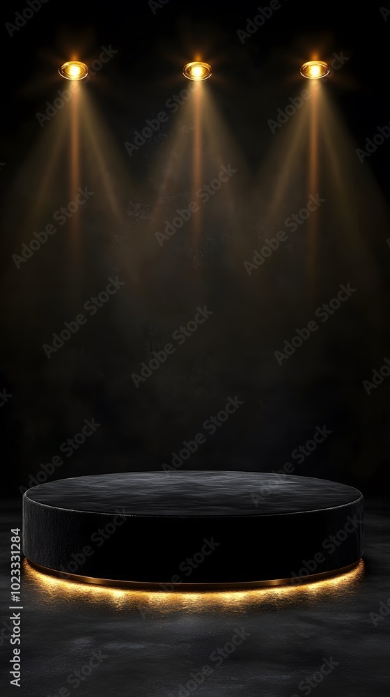 Poster a spotlighted stage with a circular platform, creating a dramatic presentation space.
