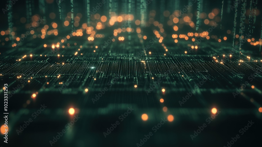 Poster abstract digital landscape with glowing data streams and circuitry elements.