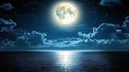 Fototapeta premium The bright full moon casts a golden glow over the tranquil ocean, creating enchanting reflections on the dark water, surrounded by wispy clouds in the night sky