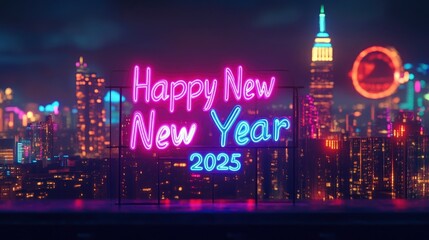 A vibrant neon sign reading Happy New Year 2025 with a colorful city skyline in the background.