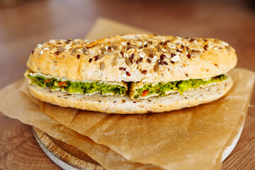 sandwich on whole grain bun with vegetable patty