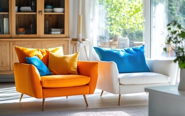 Fototapeta premium Bright Scandinavian-style interior featuring a white sofa and a pair of colorful armchairs in orange and blue. 