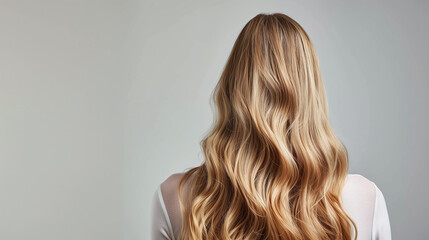 Fototapeta premium Back view of a blonde woman with thick, voluminous hair cascading over her shoulders, shining with health and vitality