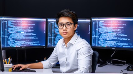 Young male programmer or administrator in a data center at his workplace in front of large monitors analyzes data or develops programs and applications.