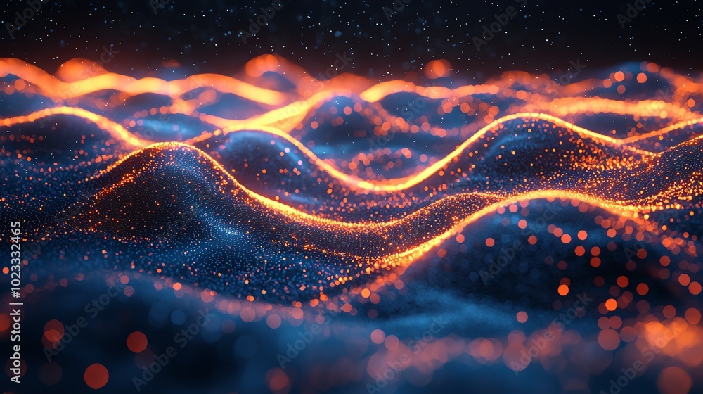 Poster a mesmerizing abstract wave pattern with glowing lights, showcasing vibrant colors and dynamic movem