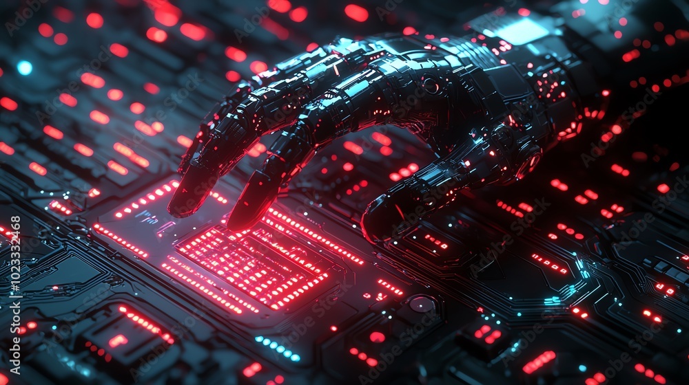 Poster a robotic hand interacts with a glowing circuit board, symbolizing the merging of technology and inn