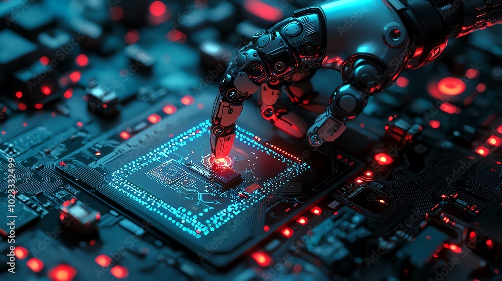Poster a robotic hand interacts with a glowing microchip on a circuit board, showcasing advanced technology