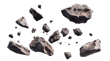 Multiple asteroids with rugged textures flying through space, isolated on white