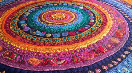 Vibrant handmade circular embroidery design showcasing intricate patterns and rich colors, ideal for textile art enthusiasts.