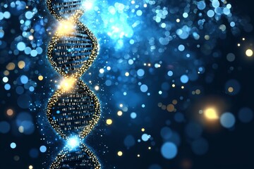 The DNA chain illustration appears on a shiny blue background in a cyberspace science illustration.