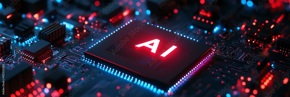 Poster close-up of a circuit board featuring an illuminated ai chip, representing advanced technology and i