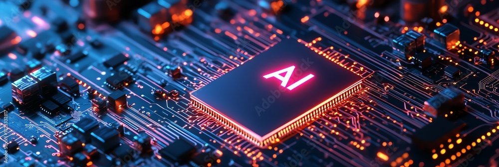 Poster close-up of a computer circuit board with an ai chip, showcasing technology and innovation in artifi